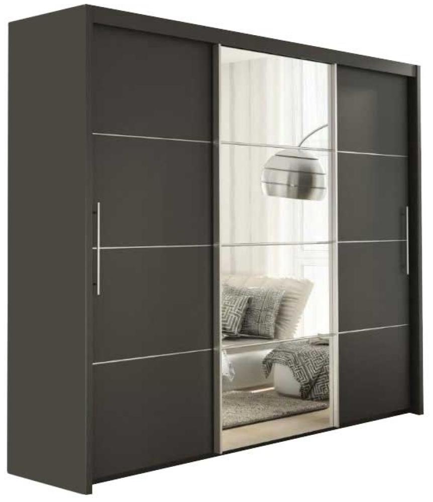 Schwebetürenschrank Ivona Kleiderschrank 250x62x216cm 3-türig dunkelgrau Spiegel Bild 1