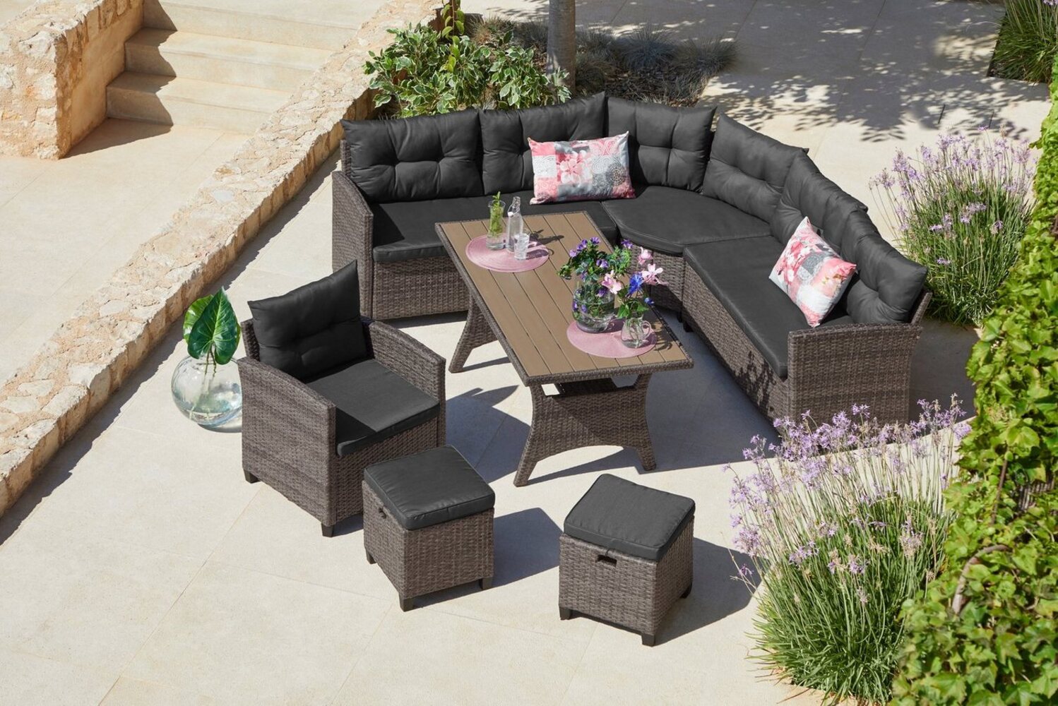 KONIFERA Gartenlounge-Set Keros Premium, (Set, 20-tlg, 2x 2er Sofa, 1x Ecke, 1x Sessel, 2x Hocker, 1x Tisch 145x75x67,5cm), Ecklounge, Polyrattan, Stahl, geeignet für 8 Personen, inkl. Auflagen Bild 1