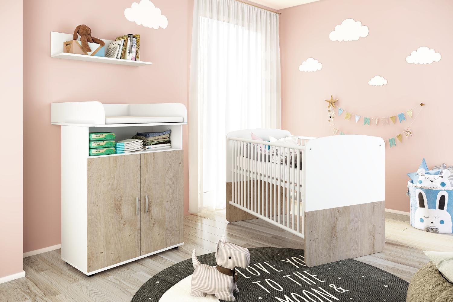 nonjoo Hanna Set 1: best. aus Babybett, Kommode, Wickelaufsatz und Wandboard Bild 1