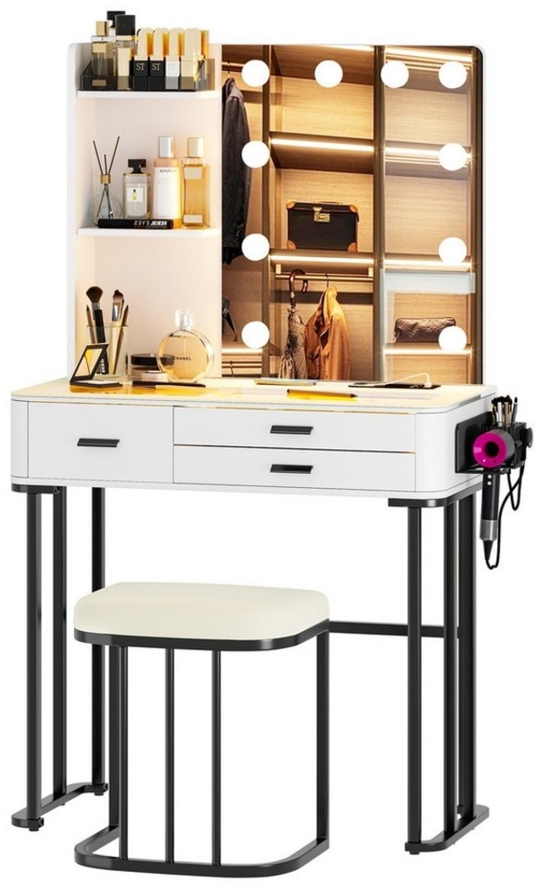 LVifur Schminktisch Kommode mit Ladestation/USB-Anschluss/10 dimmbaren Glühbirnen/Hocker, Hollywood-Spiegel, 3 Schubladen, 3 Farben-Licht, 40Tx80Bx136H cm, weiß Bild 1