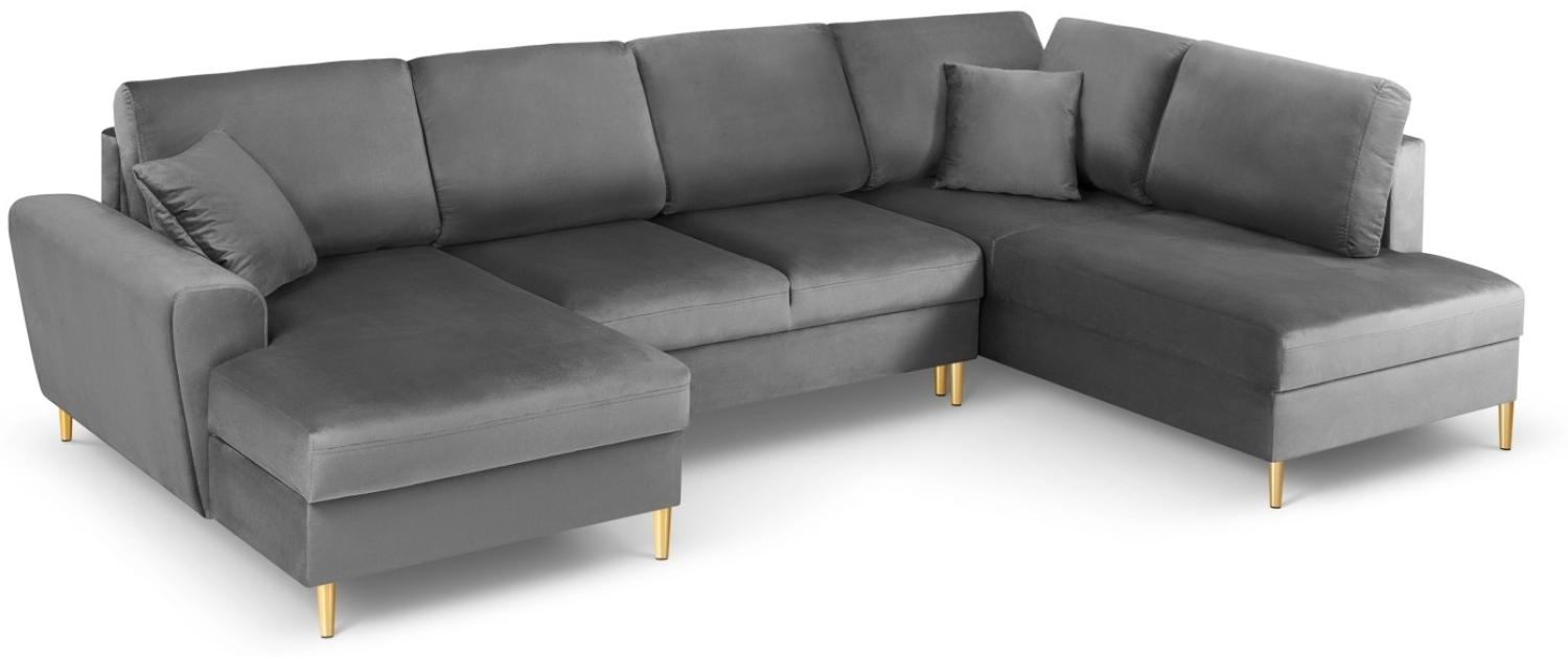 Micadoni 7-Sitzer Samtstoff Panorama Sofa Rechts mit Box und Schlaffunktion Moghan | Bezug Light Grey | Beinfarbe Gold M... Bild 1