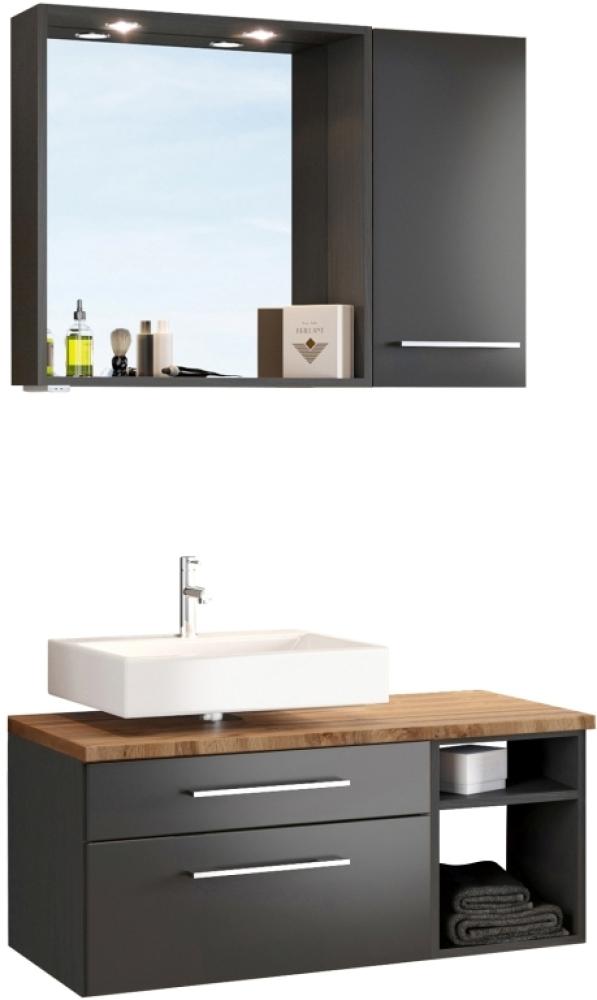 Bad-Set 3-tlg. 'Davos' Grau, mit LED-Spots, Hängeschrank und Unterschrank mit Fächern, ohne Waschbecken, Siphonausschnitt links Bild 1