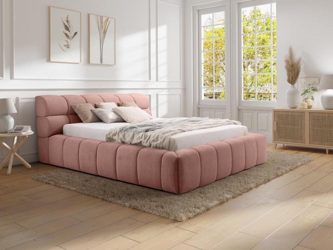 Vente-unique - Bett mit Bettkasten - 180 x 200 cm - Stoff - Rosa - FORVIK von Pascal Morabito Bild 1