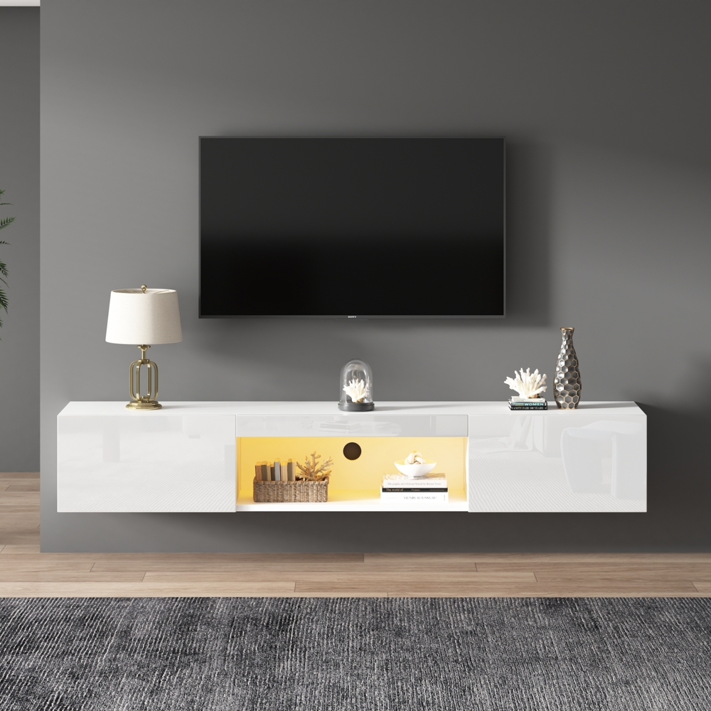 Merax 160*31*22cm weißer Hochglanz-Hängeschrank für 70-Zoll-TV, 30kg Tragfähigkeit, mit LED-Beleuchtung, Bluetooth-APP-Steuerung,Wandmontierter TV-Ständer Bild 1