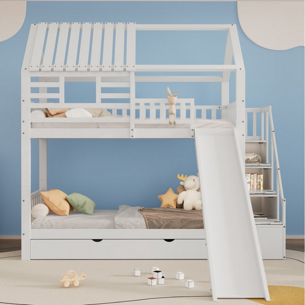 TavilaEcon Etagenbett Hausbett Kinderbett mit Treppe und Rutsche, 90x200 cm*2, mit Fallschutzgitter und Schublade Bild 1