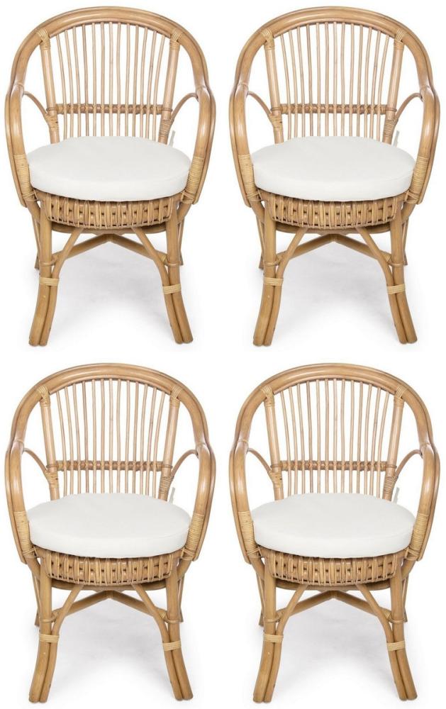 Casa Padrino Luxus Gartenstuhl 4er Set Naturfarben / Weiß 57 x 61 x H. 80 cm - Rattan Stühle mit Armlehnen und Sitzkissen - Moderne Rattan Garten & Terrassen Möbel Bild 1