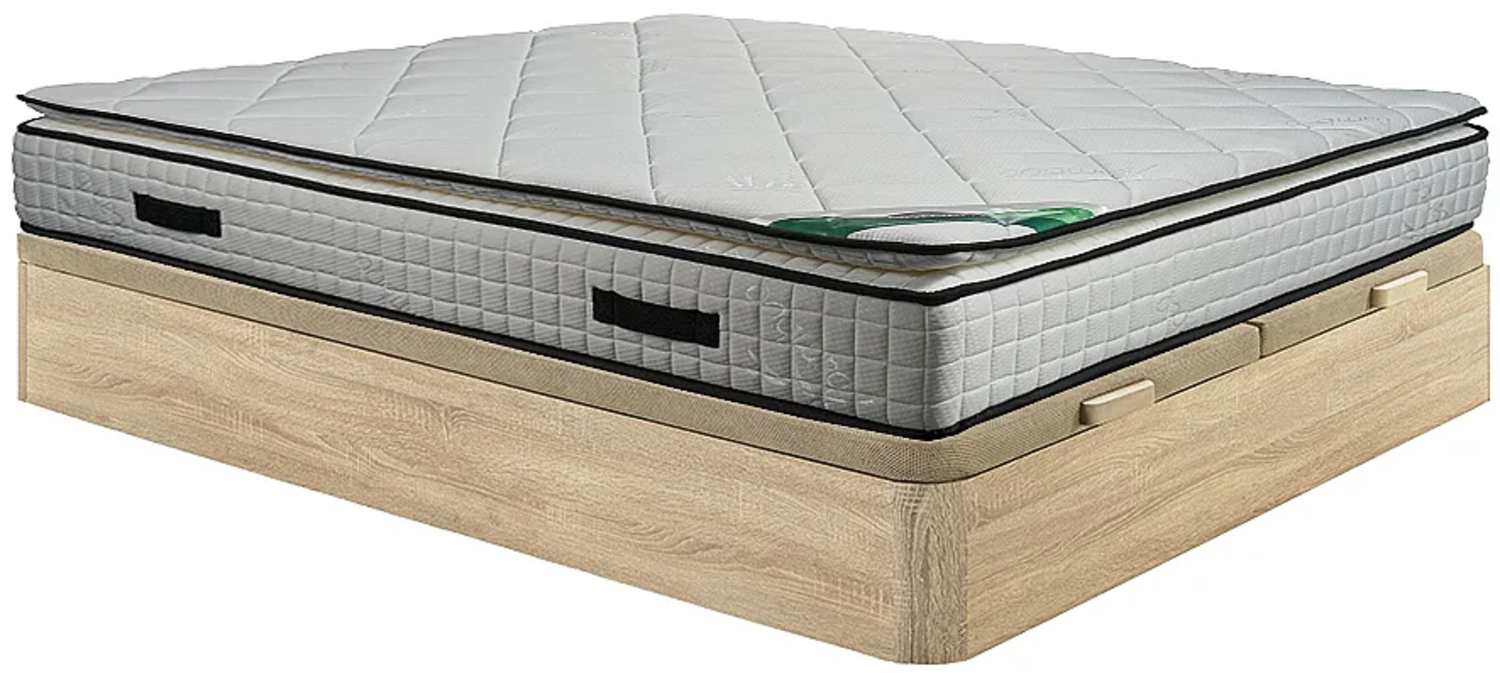 Vente-unique - Set aus Bettgestell mit Bettkasten + Schaumstoffmatratze - Bambusbezug - 180 x 200 cm - Stärke 23 cm - Holzfarben hell - ADANA von NATUREA Bild 1