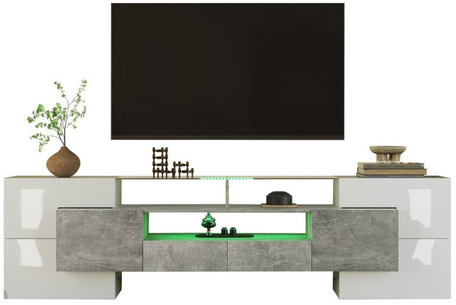 REDOM TV-Schrank TV Schrank Lowboard Fernsehschrank Entertainment Center Stand Ständer (200*60.7*30 cm Hochglanz mit zwei großzügigen Schubladen, 1-St, TV-Lowboard aus Spanplatte mit 2 Glas Einlegeböden) Wohnzimmer Modern mit mehrfarbige LED-Beleuchtung Bild 1