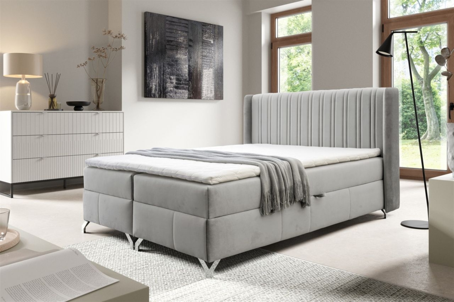 Boxspringbett Schlafzimmerbett DAMIEN 140x200 cm Stoff Salvador Hellgrau Bild 1