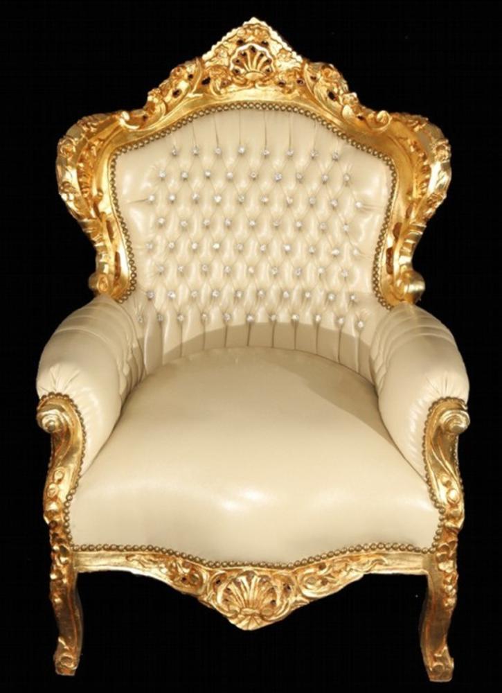 Casa Padrino Barock Sessel King Creme/Gold Lederoptik Bling Bling Bild 1