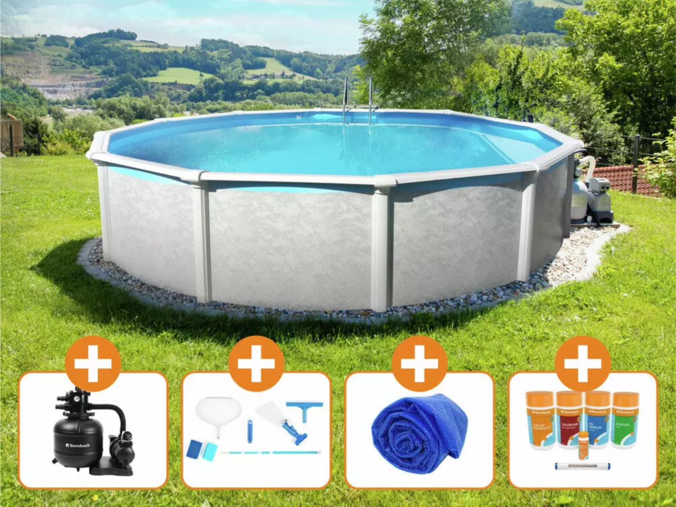 Steinbach Aktionsangebot Stahlwand Swimming Pool Set "Grande rund", Ø 366 x 135 cm,Zubehörset S (inkl. Filteranlage, Grundreinigungsset, Chlor Starterset, Solarabdeckplane) Bild 1