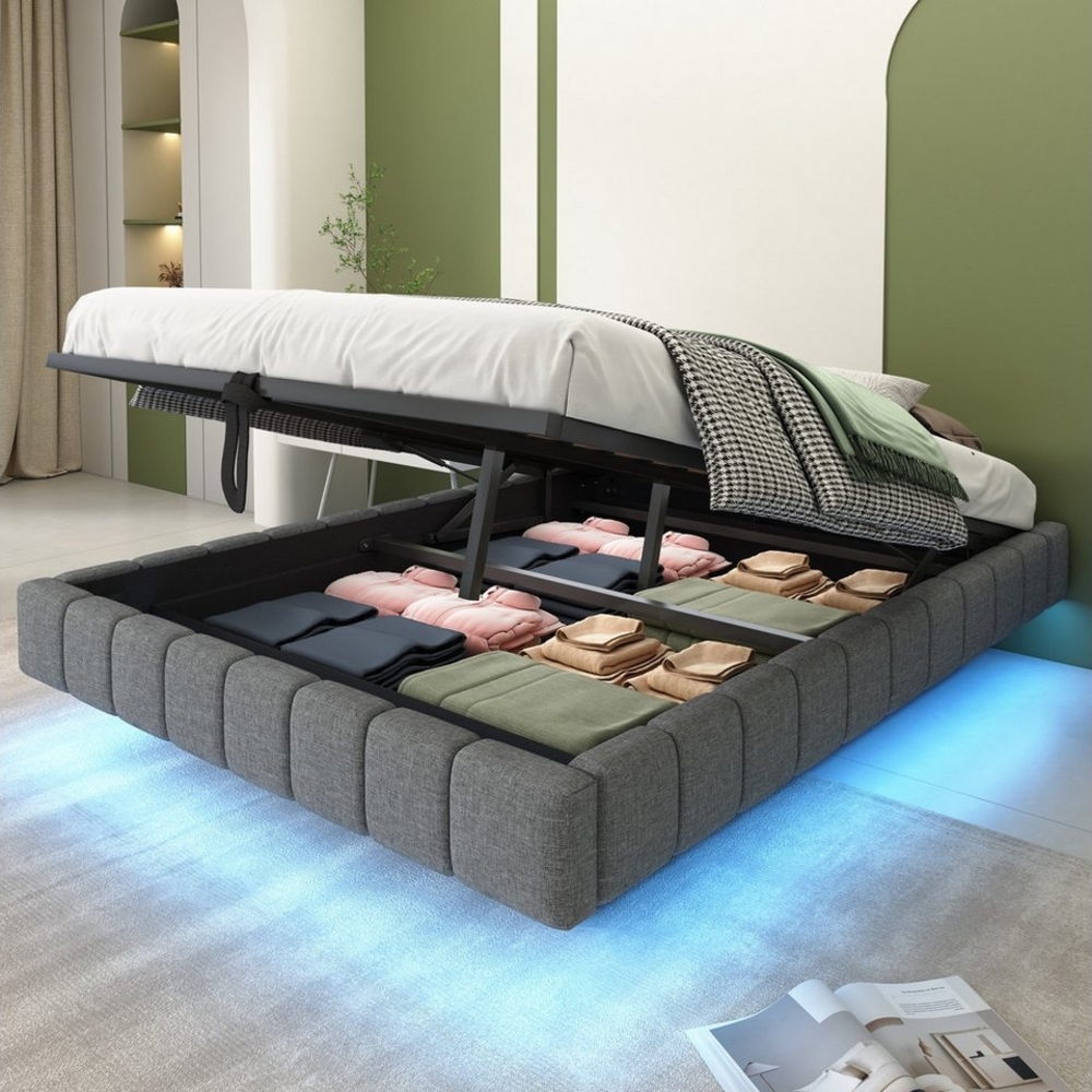 HAUSS SPOLE Polsterbett 140x200 cm, Hydraulischer Schwebebett mit LED-Licht, Leinen Grau (mit Stauraum und LED-Beleuchtung – Multifunktionales Design ohne Kopfteil, Luftdruck-Lagersystem, Robuster Metallrahmen für 250 kg Belastbarkeit, Perfekt für Schl... Bild 1