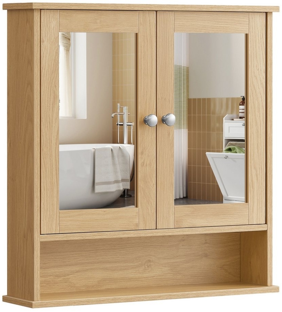 VASAGLE Spiegelschrank, Badschrank, Wandschrank, Hängeschrarhk mit 2 Spiegeltüren und offenem Fach, verstellbare Ablage, Wandmontage, 13 x 56,5 x 58,5 cm natureichenfarben LHCDE003Y01 Bild 1