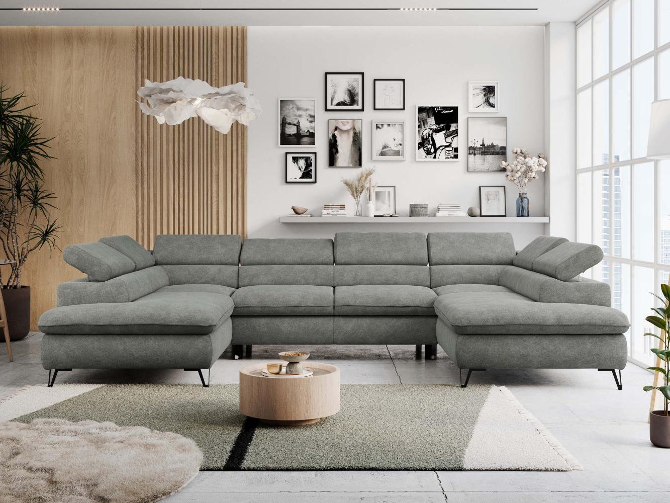 Ecksofa U-Form, mit Bettkasten, Bettfunktion und Einstellbare Kopfstützen, Sofa big XXL - PETER U - Grau Stoff Bild 1