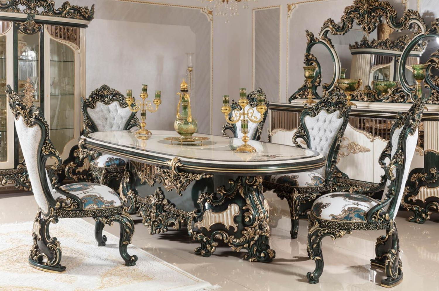 Casa Padrino Luxus Barock Esszimmer Set Weiß / Grün / Gold - 1 Barock Esstisch & 6 Barock Esszimmerstühle - Barock Esszimmer Möbel - Luxus Möbel im Barockstil - Edel & Prunkvoll - Luxus Qualität Bild 1