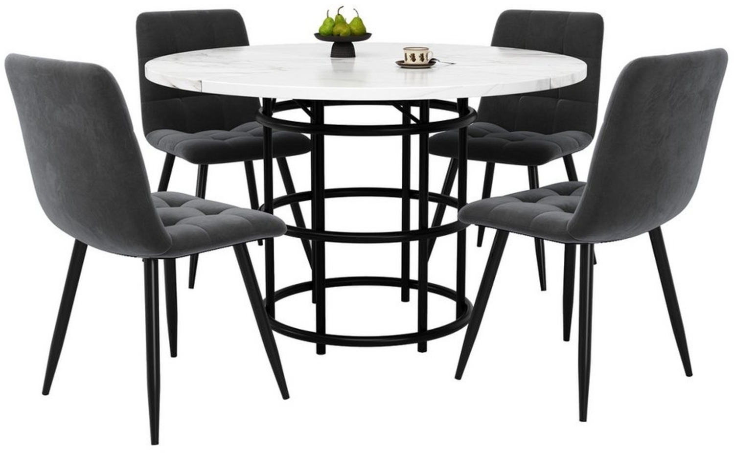MODFU Essgruppe Esstisch mit 4 Stühlen, (5-teiliges Esstisch-Set – 100 cm runder Tisch mit MDF-Marmorplatte und 4 grauen Samt-Stühlen, 5-tlg) Bild 1