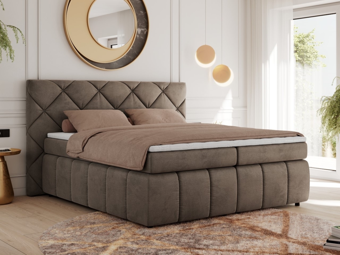 Boxspringbett, Doppelbett, Polsterbett mit Matratzen und Kopfteil - RITA - 140 x 200 cm - Braun Velours - H4 Bild 1