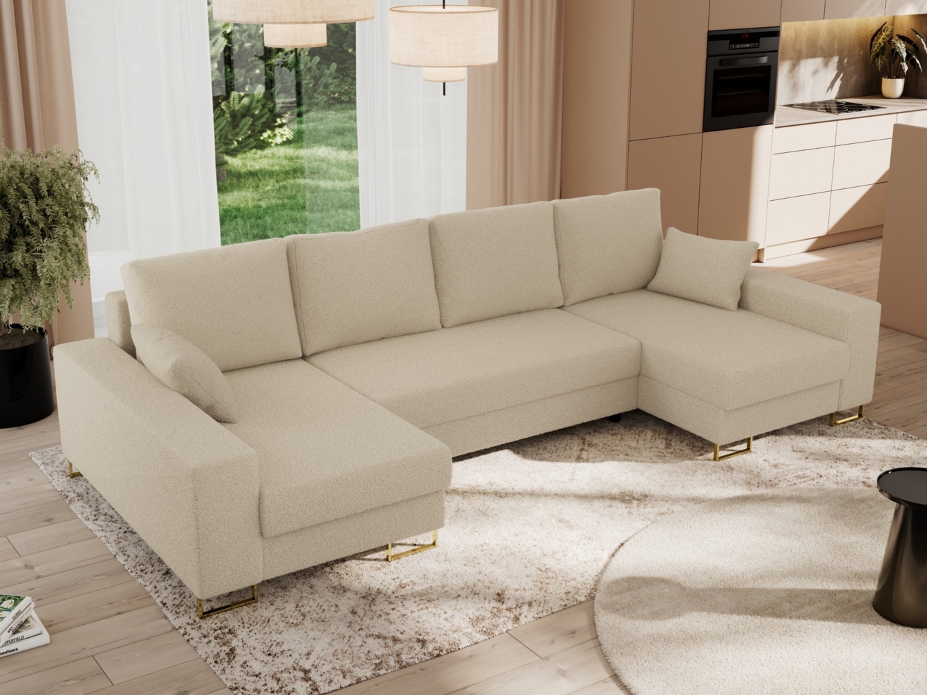 U-förmiges Ecksofa auf goldenen Metallbeinen, mit Schlaffunktion und drei Bettkästen für das Wohnzimmer - DORIAN U - Beige Boucle Bild 1