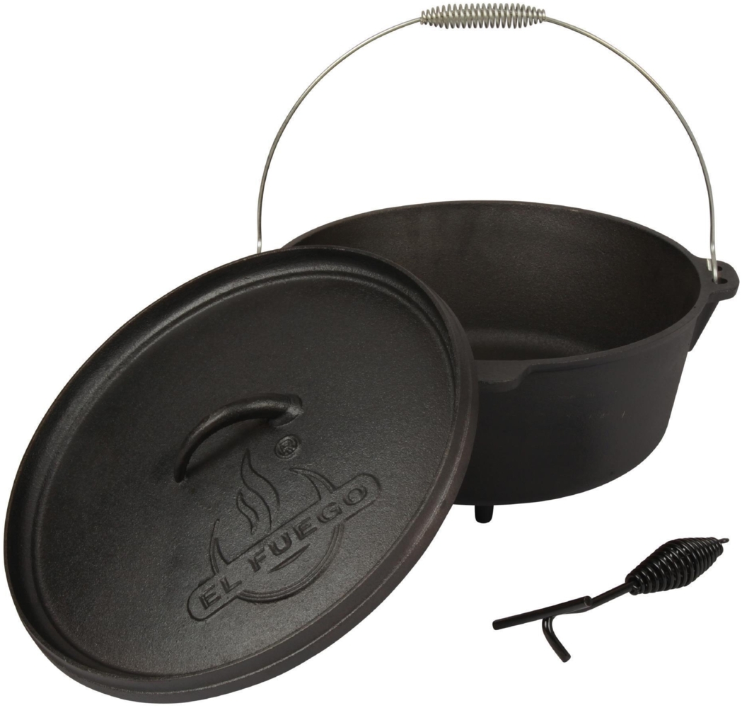 Dutch Oven 5,64L, Gusseisen Kochtopf mit Füßen, bereits eingebrannt, inkl. Deckelheber, Spiralförmiger Henkel für Kochen Braten Backen Bild 1