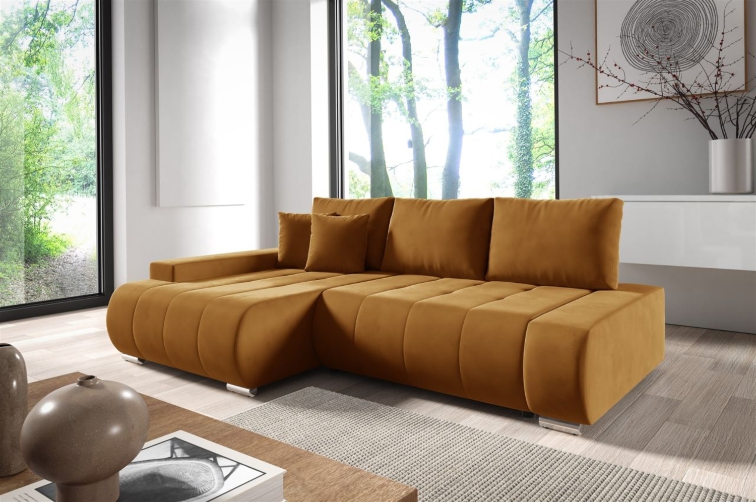 Ecksofa Schlafsofa ELMO Stoff Monolith Honiggelb Ottomane Links Bild 1