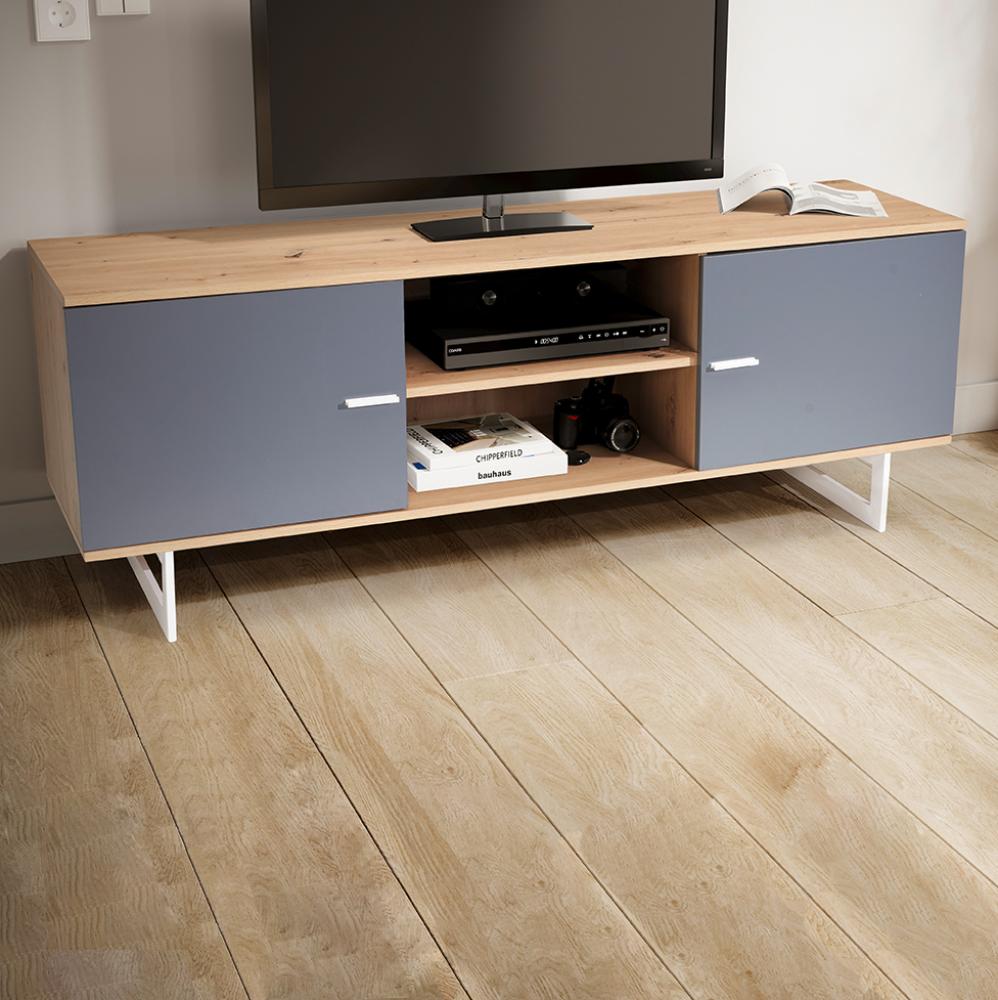 FineBuy Lowboard Eiche-Dekor 150x55x40 cm TV-Kommode Modern, Design TV-Schrank Hoch, Fernsehtisch Fernsehschrank mit zwei Türen, Fernsehkommode Wohnzimmer Grau Bild 1