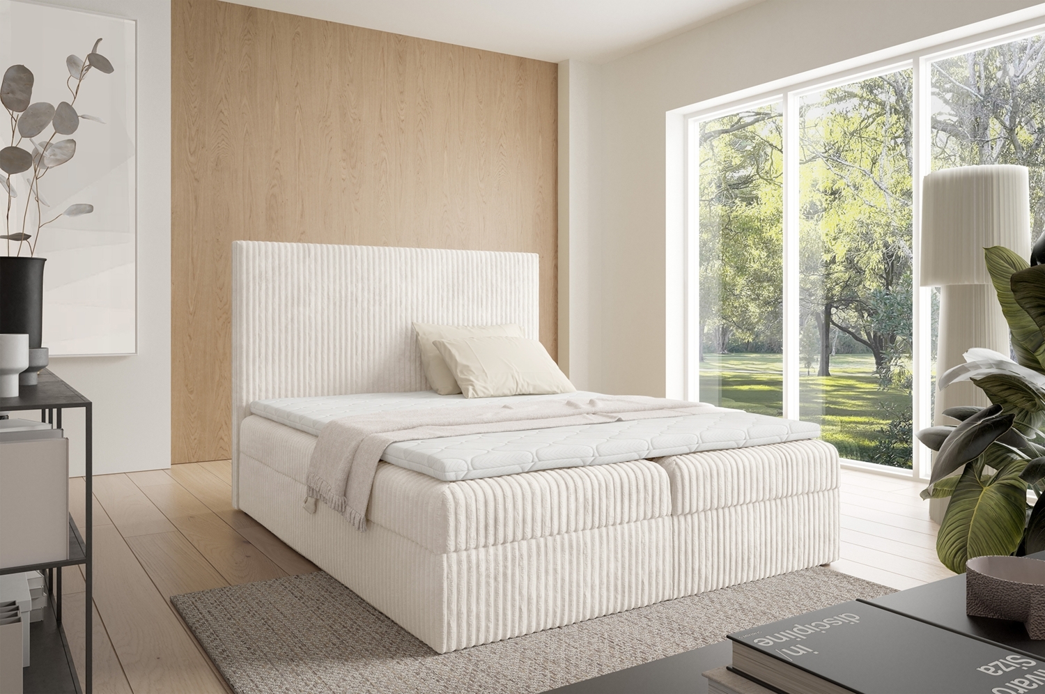 MEBLINI Boxspringbett TYLA 200x200 cm mit Bettkasten – H4/Hellbeige Plüsch Polsterbett - Doppelbett mit Topper & Taschenfederkern-Matratze Bild 1