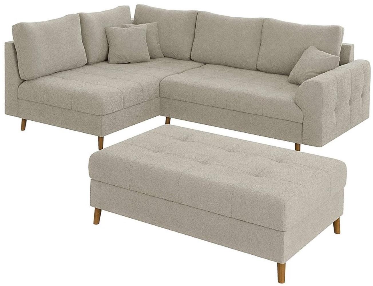 S-Style Möbel Ecksofa mit Schlaffunktion und Hocker Leif mit Holzfüßen, aus Boucle-Stoff, Ottomane links oder rechts bestellbar. Schlaffunktion in Kombination mit Hocker möglich, mit Wellenfederung Bild 1