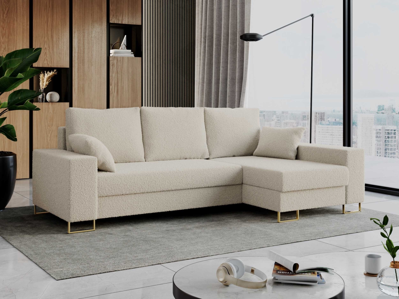 Ecksofa mit Schlaffunktion L-Form mit Bettkasten - DORIAN-Non - Beige Boucle Bild 1