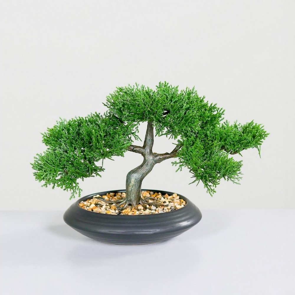 Kunstbonsai Kunst Zedem Bonsai in Keramik Schale - 22 cm Zedem Bonsai, Spetebo, Höhe 22 cm, Dekobaum mit schwarzem Blumentopf Bild 1