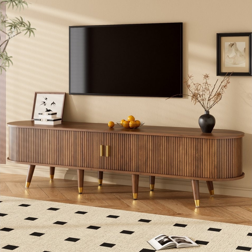 KLAM HOME Lowboard TV-Schrank 175 cm mit Rattan-Schiebetür, Walnussoptik & viel Stauraum (mit Schubladen & Schrank – natürliches Design), Landhausstil Fernsehtisch aus MDF mit offenen Fächern Bild 1