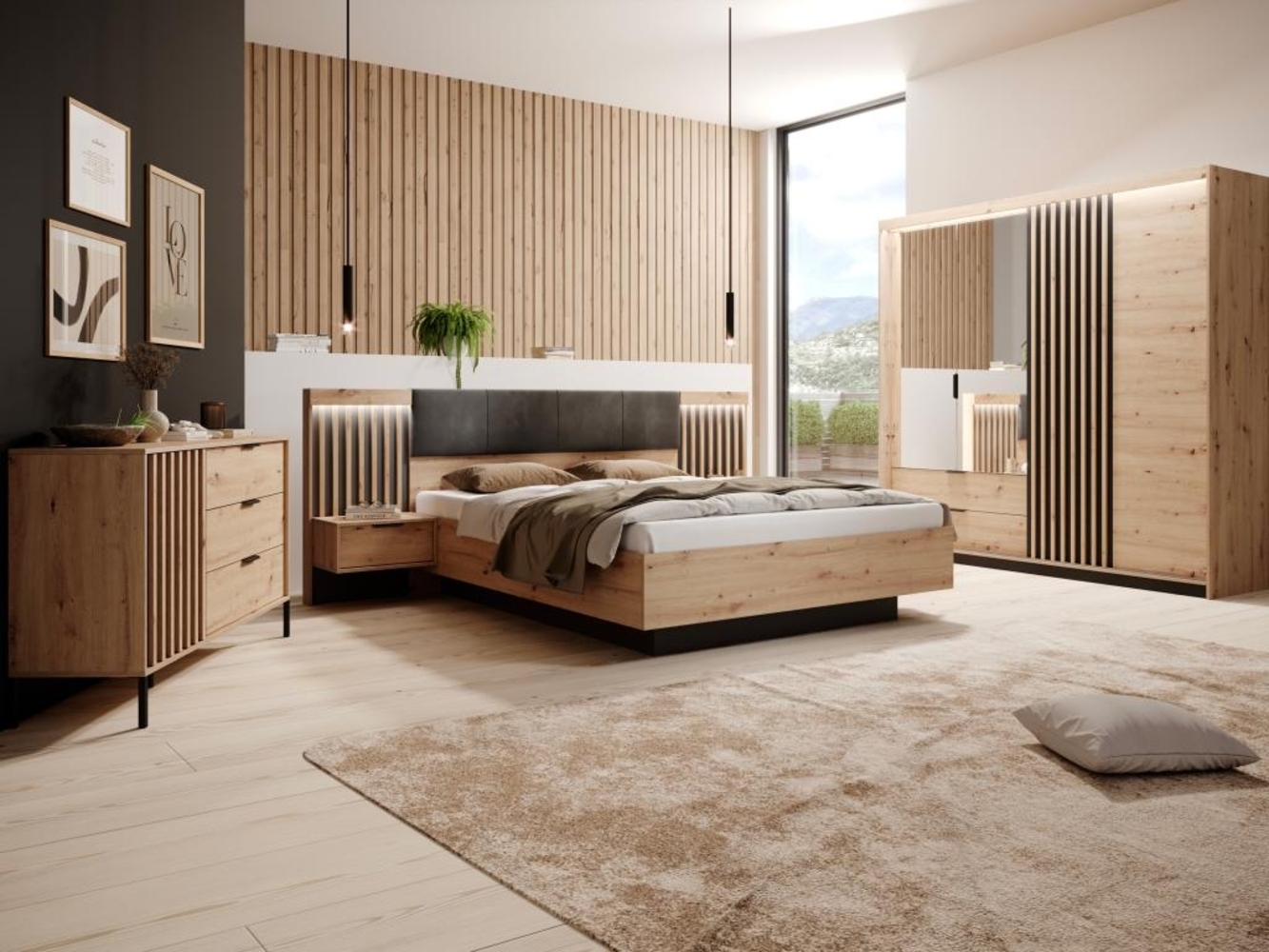 Vente-unique - Bett mit Bettkasten - mit Nachttischen & LED-Beleuchtung - 160 x 200 cm - Holzfarben & Schwarz - ARIADA Bild 1