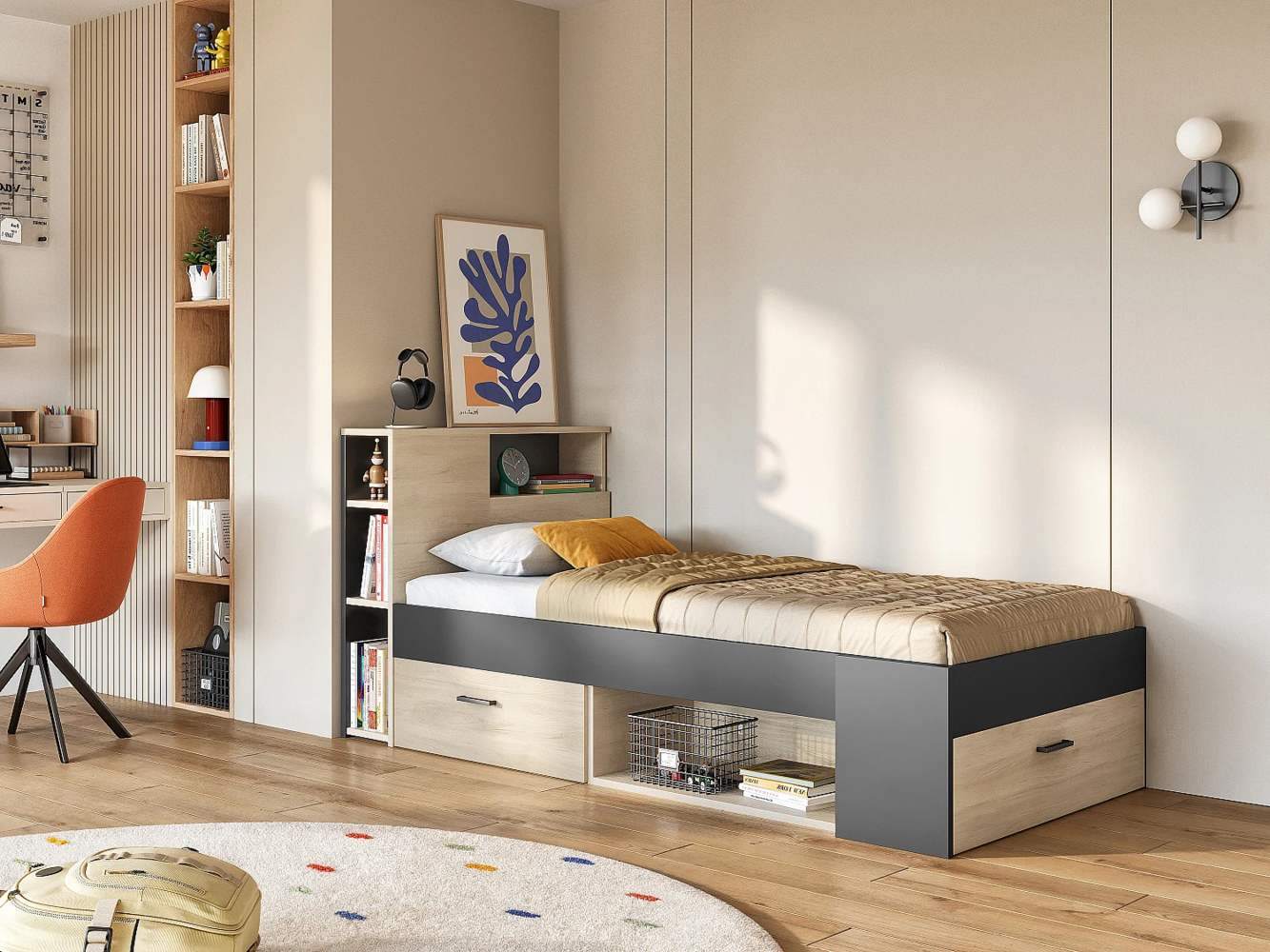 Vente-unique - Bett mit Kopfteil, Stauraum & Schublade - 90 x 190 cm - Naturfarben & Anthrazit - LEANDRE Bild 1