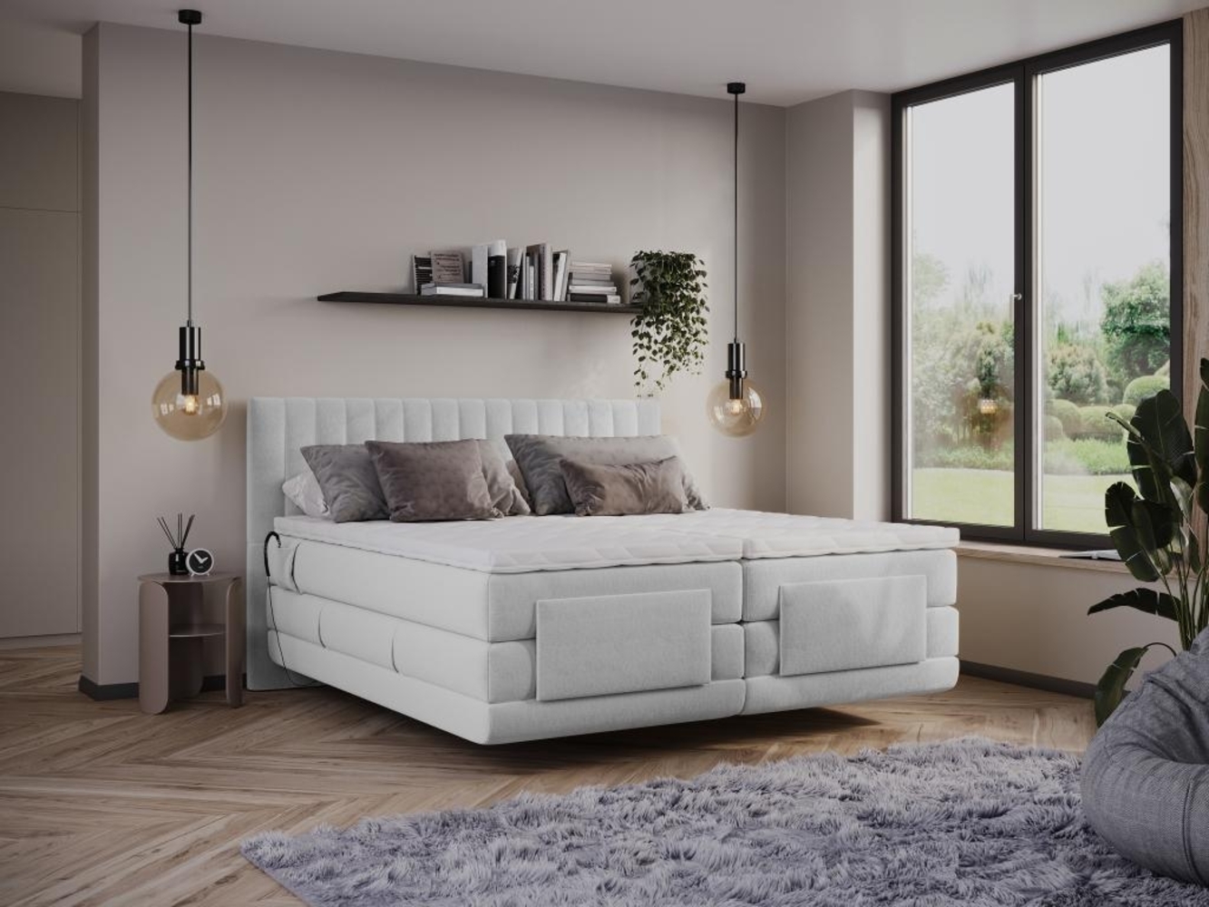 Vente-unique - Boxspringbett mit vertikalen Ziernähten am Kopfteil + elektrischem Untergestell mit Relaxfunktion + Matratze + Topper - 2 x 90 x 200 cm - Samt - Hellgrau - DONISI von PALACIO Bild 1