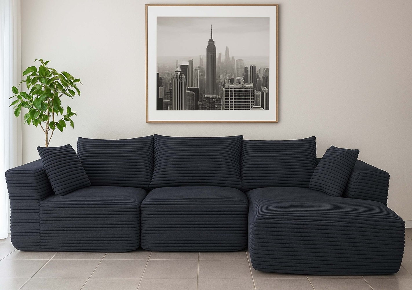 Sofa-Garnitur HWC-P20, 3-Sitzer Couch Loungesofa, Stoff/Textil Cord (370 g/m²) Liegefläche rechts ~ dunkelgrau Bild 1