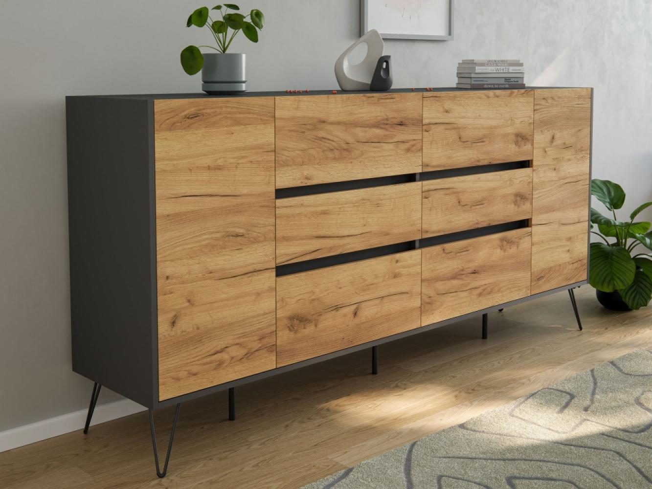 Sideboard Kommode Yako 200cm Greifraum 6 SoftClose 2 Türen Grafit/Eiche Front : Oak Gold / Grafit Bild 1