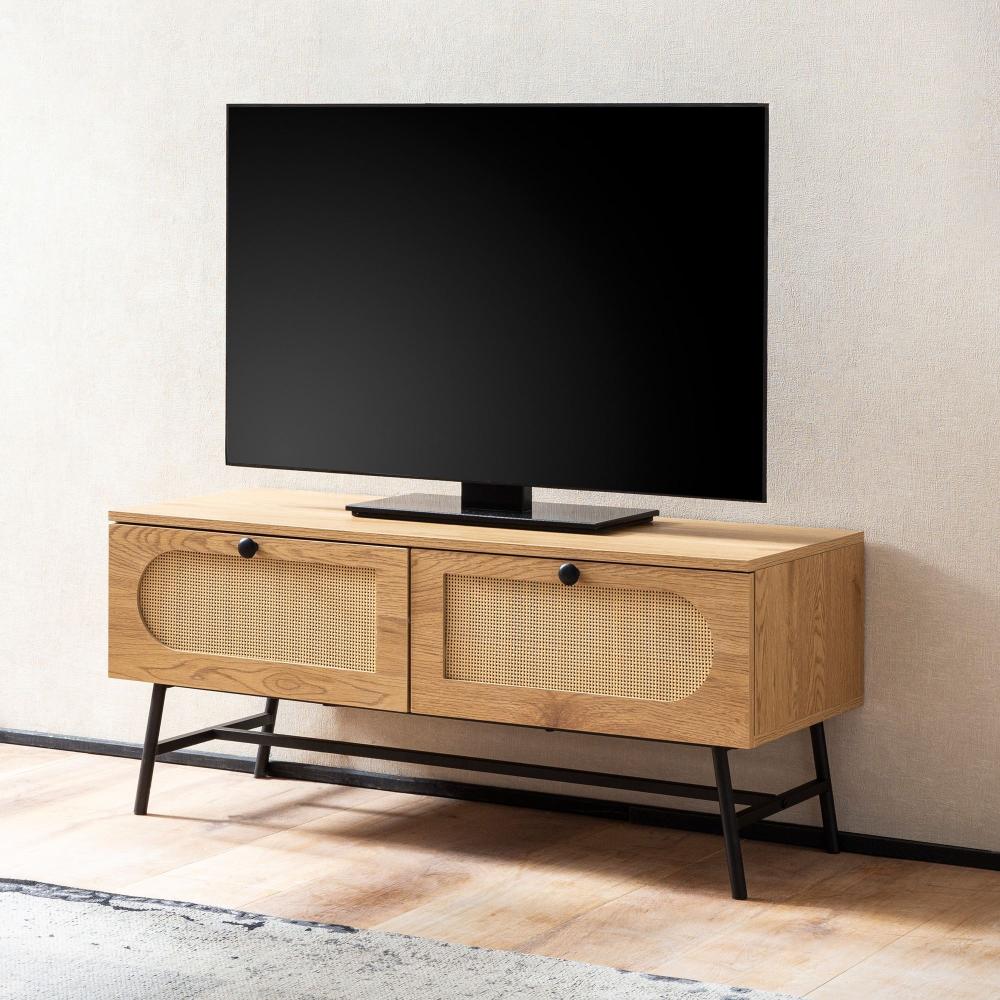 FineBuy Lowboard 100x45x40 cm TV-Kommode mit Eiche-Dekor & Rattan, Design TV-Schrank Hoch mit Schubladen, Fernsehtisch Fernsehschrank, Fernsehkommode Wohnzimmer Braun Bild 1