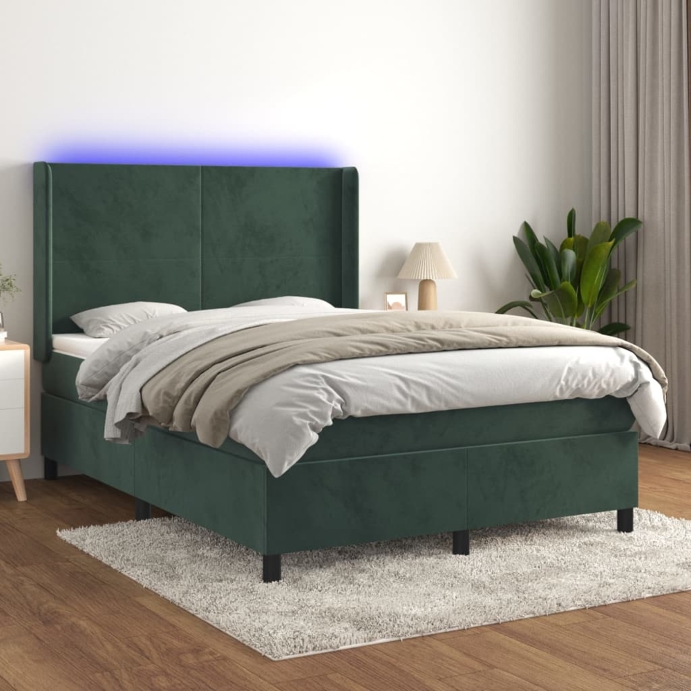 vidaXL Boxspringbett mit Matratze & LED Dunkelgrün 140x190 cm Samt 3139442 Bild 1