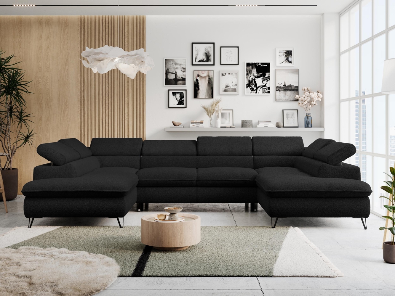 Mks Möbel 'Peter U-Form' Ecksofa mit Bettkasten, Bettfunktion & einstellbaren Kopfstützen, Schwarz, Boucle, mit Topper Bild 1