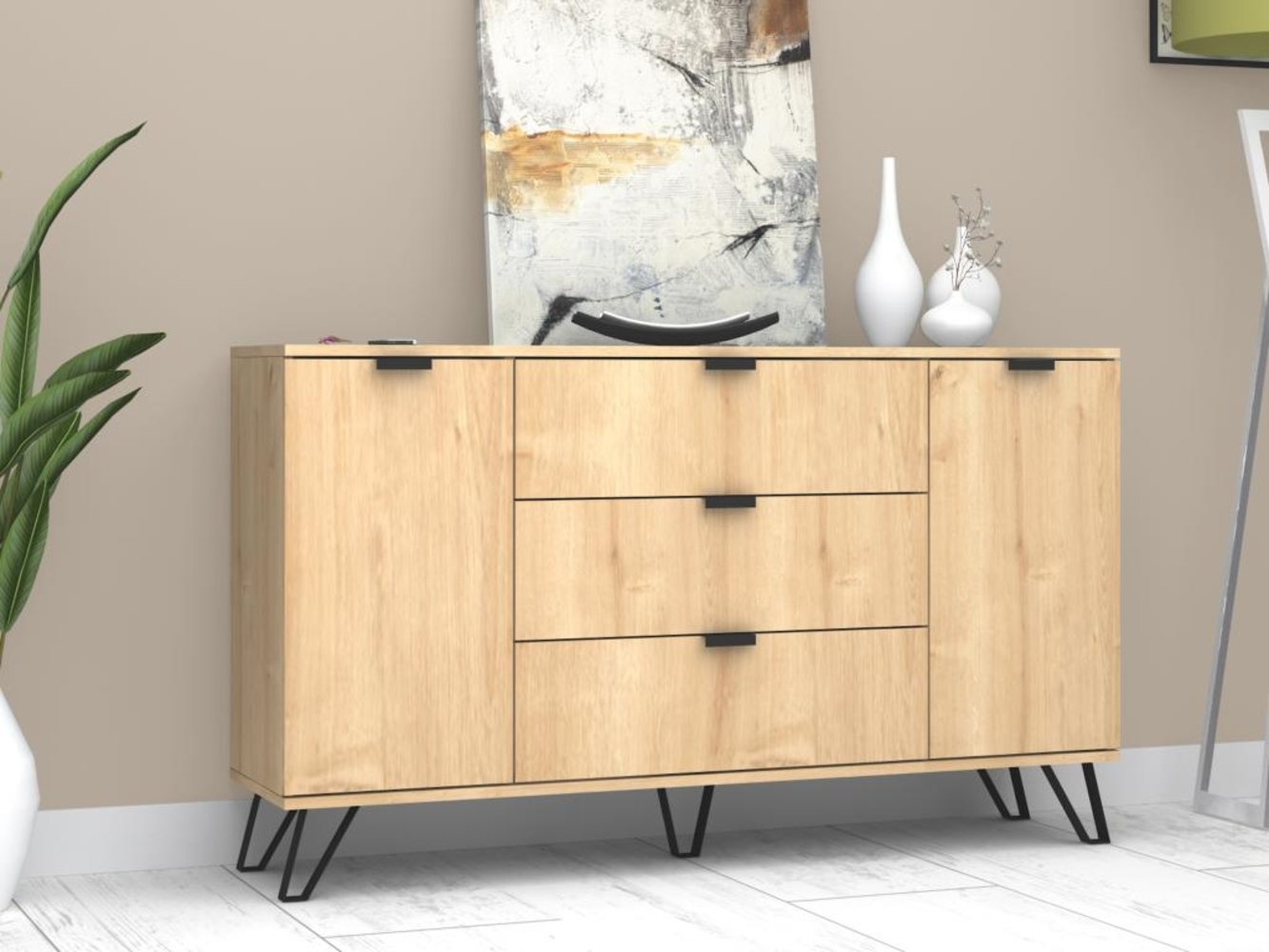 Vente-unique - Sideboard mit 2 Türen & 3 Schubladen - Holzfarben & Schwarz - MENODA Bild 1