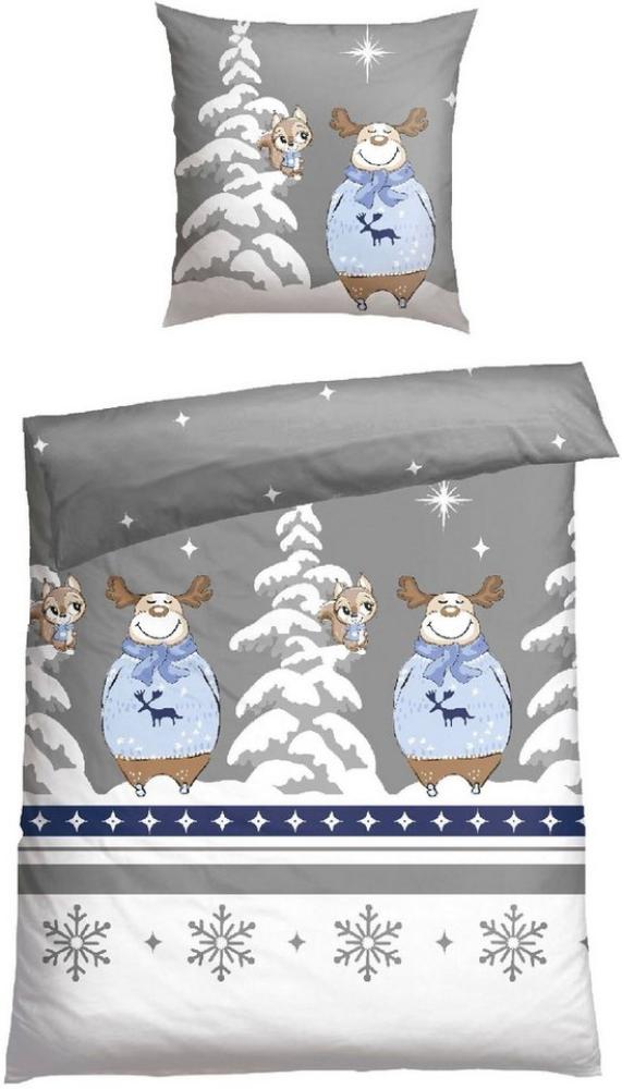 Schiesser Feinbiber Bettwäsche Set Kitta mit coolem Winter-Print, Farbe:Grau und Hellblau, Größe:155 cm x 220 cm Bild 1