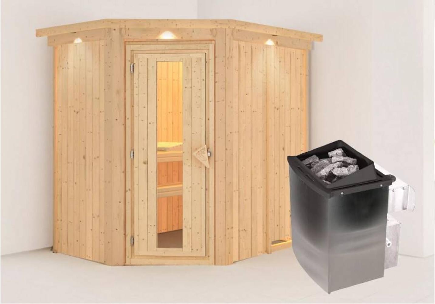 Karibu Sauna Carin mit Dachkranz + 9kW Saunaofen mit integrierter Steuerung Bronzierte Ganzglastür Bild 1