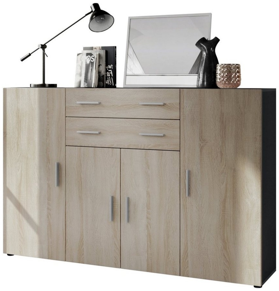 Highboard Aron Anrichte mit 2 Schubladen und 4 Türen mit insgesamt 8 Fächer dahinter, Anthrazit matt/Eiche sägerau (166,5 x 106,5 x 35 cm) Bild 1