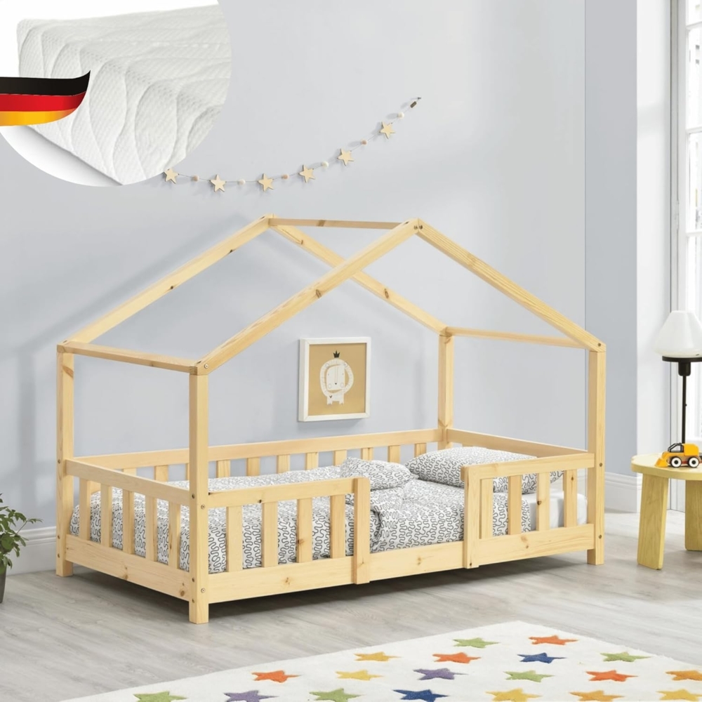 DELUKE® Kinderbett 70x140 cm MILA - mit Matratze Lattenrost Rausfallschutz Hausbett Kinder Haus Bett Kinderzimmer Bodenbett Einzelbett Kinder Bett Klein Kinderbett Montessori Bett Braun Bild 1