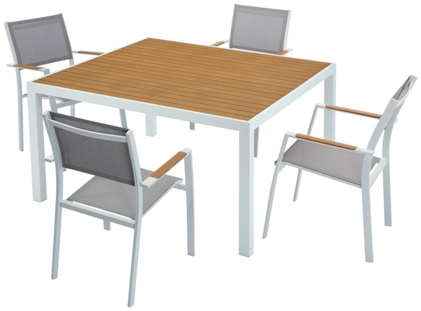 Vente-unique - Garten-Essgruppe: Tisch quadratisch 140 cm + 4 stapelbare Sessel - Aluminium - Holzfarben hell & Grau - MACILA von MYLIA Bild 1
