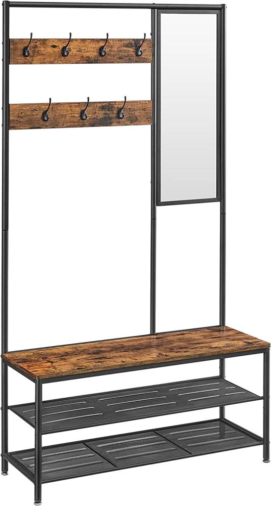 Vasagle Kleiderständer, Garderobe, Garderobenständer mit Haken, Spiegel, Sitzbank, 35 x 98 x 180 cm, für Eingangsbereich, Schlafzimmer, Wohnzimmer, Industrie-Design, vintagebraun- schwarz von Songmics HSR415B01 Bild 1