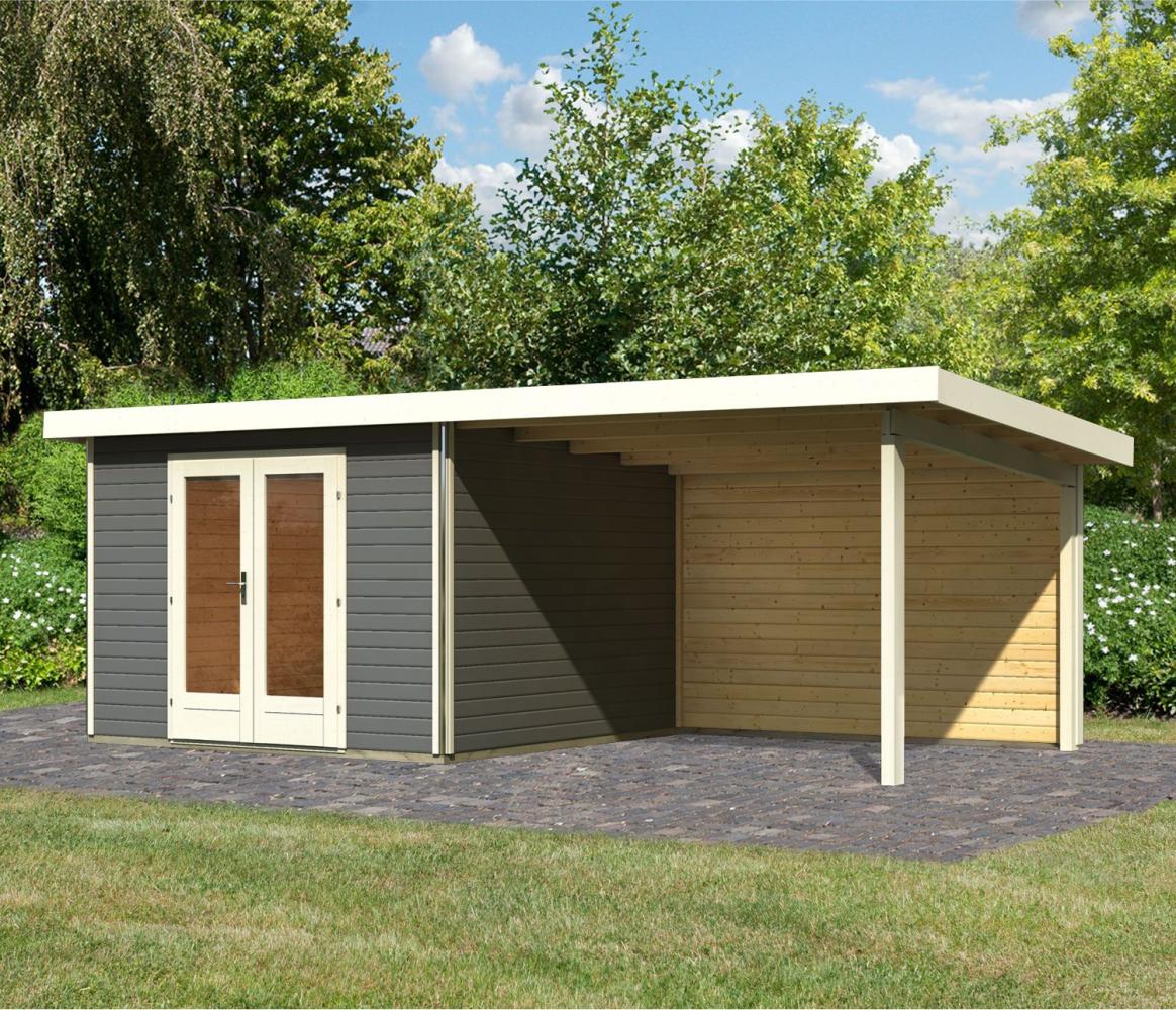 Gartenhaus Radeburg 1 - 309x309 cm plus Anbaudach 3,30m mit Rückwand, 40 mm Holz terragrau, Karibu Bild 1