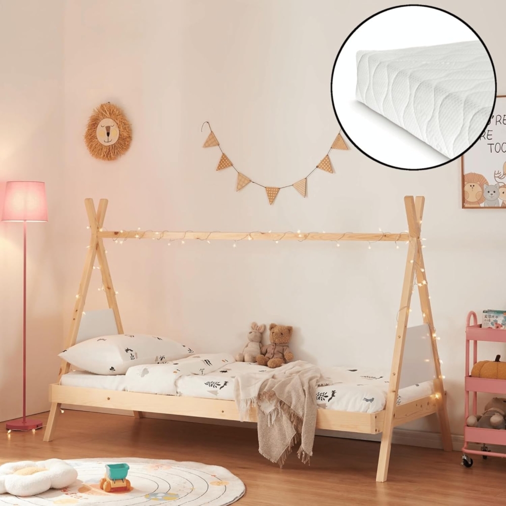 DELUKE® Kinderbett 90x200 NEVIS - mit Matratze Lattenrost Tipi-Optik Einzelbett Tipibett Holz Hausbett Kinderzimmer Bett Kinderschlafplatz Braun Bild 1