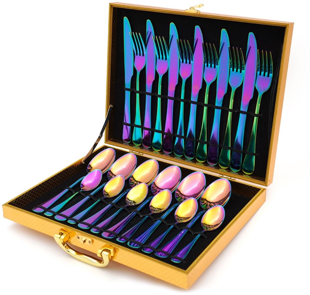 [Besteckset 24 tlg. [Wooden Box] in verschiedenen Farben] glänzendes Edelstahlbesteck für. 6 Personen Messer, Gabel, Löffel Cutlery Set mit Geschenkbox Regenbogen Bild 1