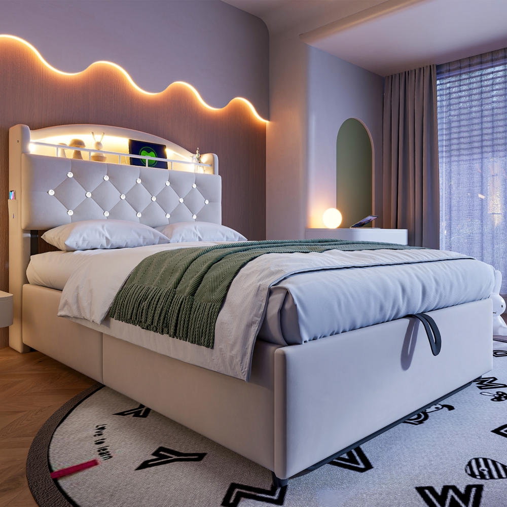 Kinderbett 90x200 cm mit LED-Licht, USB-Type-C-Anschluss & Stauraum – Samt Polsterbett mit Gasdrucksystem,Beige,inklusive Schaummatratze Bild 1