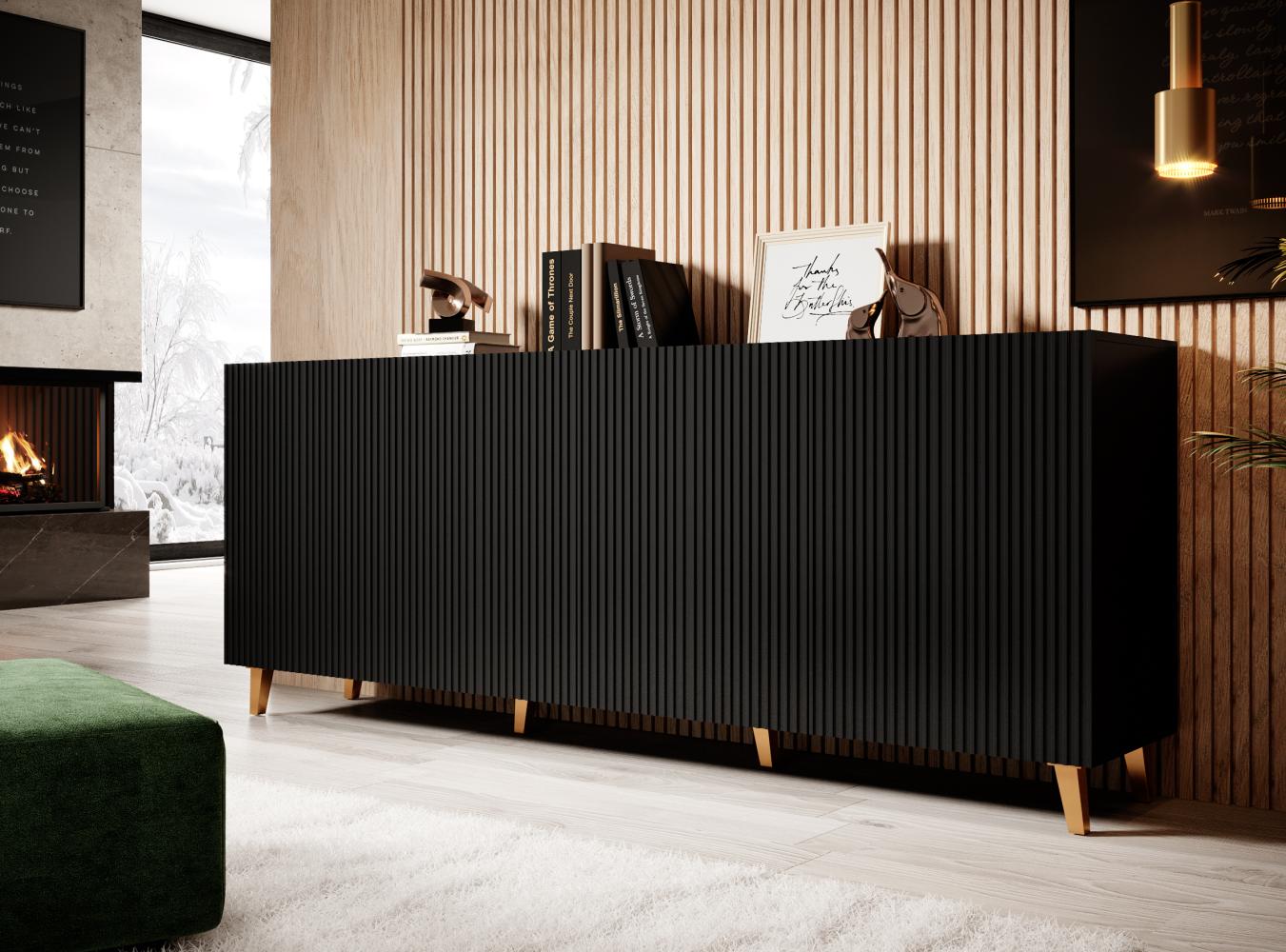 Domando Sideboard Carducci M2 Modern Breite 200cm, edel gefräste Fronten in Schwarz Matt Bild 1